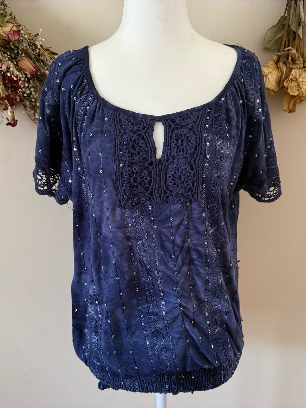 dressbarn Navy Crochet Yoke Sequin Blouse